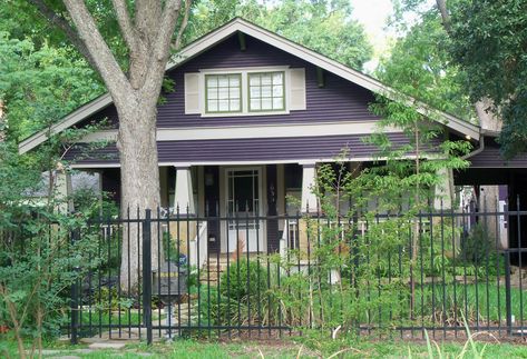 purple house | think this Arts & Craft home looks stunning in Aubergine and beige ... Purple Bungalow Exterior, Purple Craftsman Exterior, House Painting Exterior, Purple Houses, Vinyl Siding House, Craftsman Bungalow Exterior, Purple Palace, Siding House, Craftsman Style Exterior