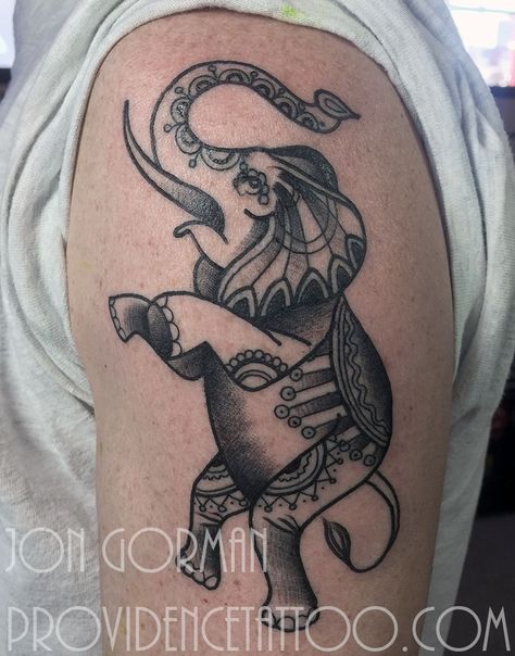 Elephant Trunk Up Tattoo, Providence Tattoo, Circus Tattoo, Elephant Trunk Up, Traditional Style Tattoo, Elephant Tattoo, Elephant Tattoos, Up Tattoos, Dot Art Painting