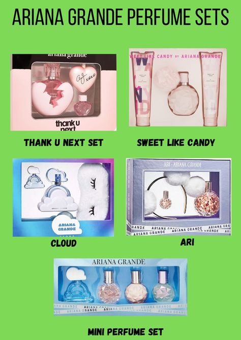 Celebrity Perfume Collection, Ariana Grande Perfume Set, Celebrity Merch, Perfume Sets, Ariana Grande Fragrance, Soap Collection, Ariana Grande Perfume, Sweet Like Candy, Have A Lovely Day