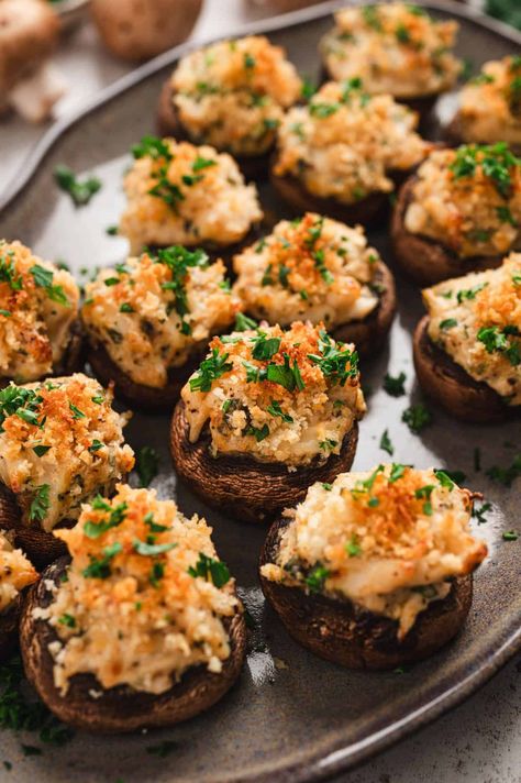 Crab Stuffed Mushrooms Recipe - Foxes Love Lemons Dairy Free Crab Stuffed Mushrooms, Crab Rangoon Stuffed Mushrooms, Keto Crab Stuffed Mushrooms, Stuffed Mushrooms With Crabmeat, Fine Dining Starters Appetizers, Fine Dining Starters, Fine Dining Appetizers, Stuffed Mushroom Recipe, Shrimp Stuffed Mushrooms