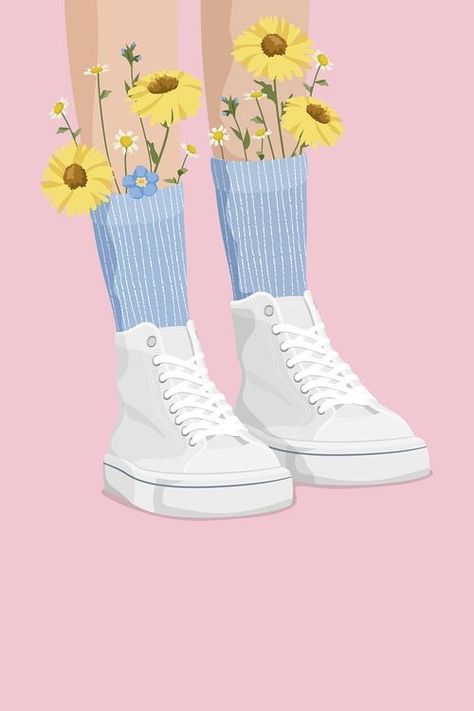 Background Flower Design, Shoe Background, Healing Illustration, Feminine Illustration, Socks Illustration, Flowers Shoes, Shoes Cartoon, Flower Cartoon, Instagram Branding Design