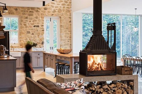 Double Sided Fireplace, Freestanding Fireplace, Stone Walls, Home Fireplace, Stone House, Living Room With Fireplace, Fireplace Design, Open Kitchen, Canberra