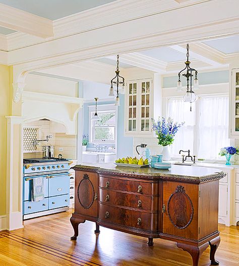 A 6-foot-long antique buffet repurposed as an island gives this kitchen a one-of-a-kind charm. Freestanding Kitchen Island, Spice Organizers, Antique Buffet, Condo Remodel, Freestanding Kitchen, Decor Ikea, Kitchen Island Design, Kitchen Decorating, Island Design