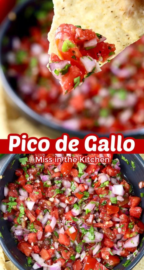 Pico de Gallo is the best fresh Mexican salsa for topping your favorite tacos, burritos and to dip with tortilla chips. It's so simple to make at home with just a few fresh ingredients. Easy Fresh Salsa, Chunky Salsa Recipe, Top Dinner Recipes, Southwest Recipes, Authentic Mexican Recipes, Salsa Guacamole, Mexican Salsa, Tacos Burritos, Spicy Salsa