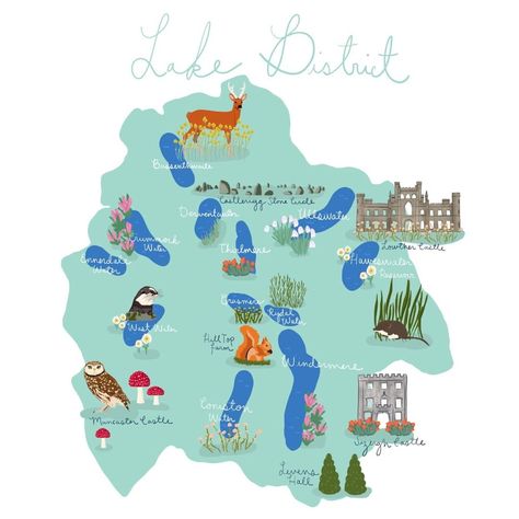 Cierra Block ♡ Illustrator on Instagram: “The Lake District  is full of stunning scenery. From lakes and forests to fells and beaches, it has been a favoruite spot of poets and…” Lake District Illustration, Windmere Lake District, Grasmere Lake District, Uk Map, Lake District Keswick, Skiddaw Lake District, Lake District National Park, Stunning Scenery, Night Swimming