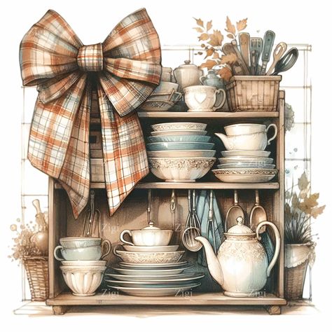 Rustic Kitchen Shelf, Rustic Kitchen Shelves, Png Art, Kitchen Shelf, Bow Decor, Plaid Bow, Cottage Kitchen, Vintage Dishes, Kitchen Shelves