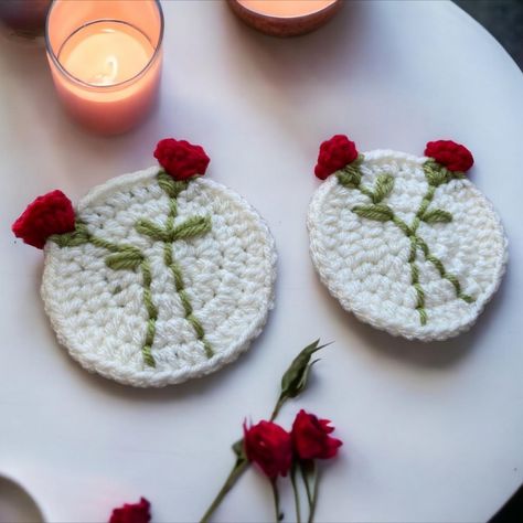 Red Rose Coaster Crochet pattern by Emilia Ansell Coaster Crochet Pattern, Coaster Crochet, Knitting Fashion, Red Crochet, Crochet Coasters, Knit Fashion, Pattern Crochet, Crochet Ideas, Red Rose