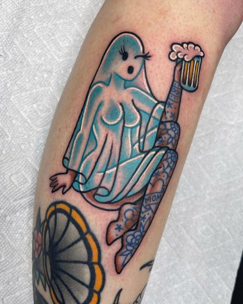 Beer Tattoo, Matching Friend Tattoos, Tattoo Catalog, Petit Tattoo, Ghost Tattoo, Witch Tattoo, Spooky Tattoos, Pin Up Tattoos, Traditional Tattoo Art