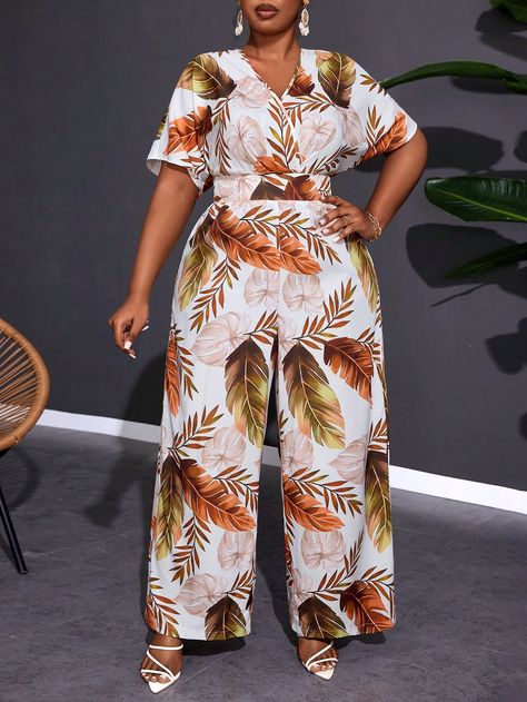 Plus Size Women's Floral Print V-Neck Short Sleeve Jumpsuit Multicolor Boho  Short Sleeve Woven Fabric Tropical,Plants,All Over Print Wide Leg Non-Stretch  Women Plus Clothing, size features are:Bust: ,Length: ,Sleeve Length: Jumpsuit For Plus Size Women, Jumpsuit For Plus Size, Short Sleeve Jumpsuit, Plus Size Jumpsuits, Short Sleeve Jumpsuits, Plus Size Jumpsuit, Tropical Plants, Plus Clothing, Boho Shorts