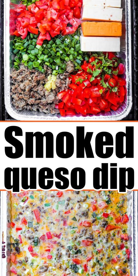 Smoked queso dip on Traeger or Green Mountain turns out great. This cheese dip with meat is the best Super Bowl appetizer guests love. Steak Queso Dip, Queso Dips, Smoked Queso Dip, Smoked Queso, Nfl Party, Barbeque Recipes, Superbowl Appetizers, Cheese Dip Recipes, Free Lunch