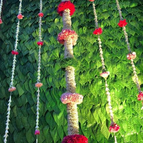 Betel leaves wall with floral wall and hangings...#indianweddingblog #saree #designerblouse #teluguwedding #telugubride #tamilwedding #tamilbride #weddingbrigade #gorgeousbride #shopzters #shaadimagic #bridesessentials #ezwed #pellipoolajada #southindianbride #southindiaanwedding #templejewellery #southindianweddingdecorweddingbrigade #gorgeousbride Betel Leaf Decoration Indian Weddings, Betel Leaf Decoration, Betel Leaf, Mehendi Decor, Leaf Decoration, Ganpati Decoration Design, Telugu Wedding, Tamil Wedding, Festival Background