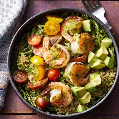 Charred Shrimp & Pesto Buddha Bowls | Free delivery on first order Charred Shrimp, Sugar Diet Plan, No Sugar Diet, Grain Bowl, Bowl Recipes, Mediterranean Diet Recipes, Summer Lovin, Edamame, Mediterranean Recipes