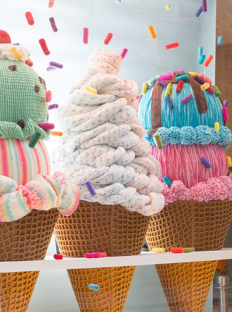 Ice cream in the window display. Textile. Diy Outdoor Candyland, Cafe Ice Cream, Summer Window Display, Ice Cream Business, Summer Window, Pinterest Feed, Ice Cream Theme, Candyland Christmas, Candy Land Christmas Decorations Diy