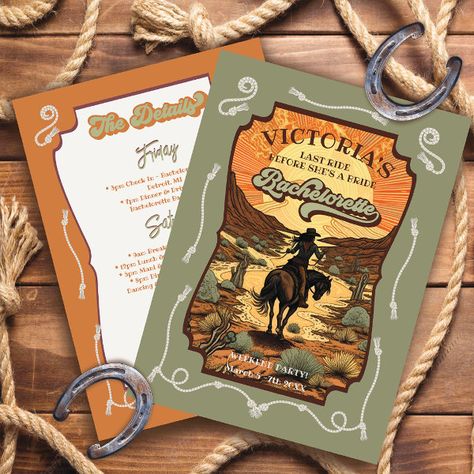 Last Ride Rodeo Cowgirl Bachelorette Party Invitation Bachelorette Card, Western Invitations, Cowgirl Bachelorette Party, Southwestern Ranch, Yellow Cactus, Cowgirl Bachelorette Parties, Bachelorette Weekend Itinerary, Bachelorette Weekend Invitations, Party Colors