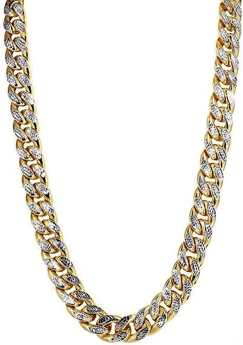 Jewelry Affairs 14k Yellow And White Gold Miami Cuban Pave Link Chain Semi Solid Necklace, Width 13.5mm, 24" Solid Necklace, Gold Earrings For Men, Real Gold Chains, Mens Diamond Bracelet, Rudraksha Mala, Miami Cuban Link Chain, Silver Chain For Men, Gold Watches Women, Miami Cuban Link