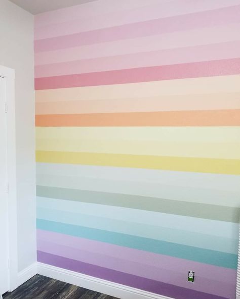 Rainbow Color Wall, Rainbow Mermaid Room, Mermaid Bedroom Walls, Rainbow Accent Wall Girl Rooms, Pastel Rainbow Interior Design, Pastel Rainbow Room, Pastel Rainbow Bedroom, Rainbow Interior Design, Purple Toddler Bedroom Rainbow