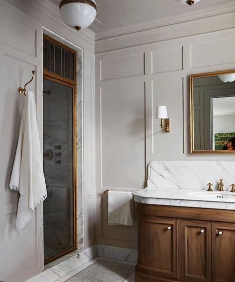 Guest Bathroom Maximalist, Bathroom Decor With Shower Doors, Sylvana Durrett Home, Bathroom With Personality, Bathroom Small Hexagon Tile Floor, Modern 1920s Bathroom, Vintage Wooden Bathroom Vanity, Wood Vanity In Bathroom, Mahogany Bathroom Vanity