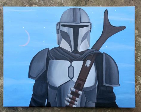 Mandalorian Painting Easy, Gaming Painting Ideas, Starwars Canvas Painting, Mandalorian Painting, Star Wars Art Painting, Colored Drawings, Star Wars Painting, Fandom Art, Acrylic Paint On Canvas