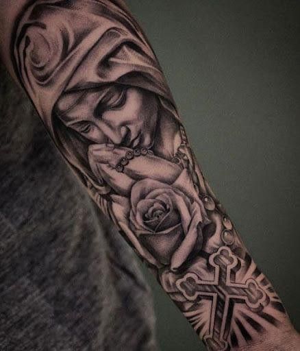 Cross Arm Tattoo, Easy Half Sleeve Tattoos, Half Sleeve Tattoo Template, Sleeve Henna, Mother Mary Tattoos, Best Tattoo Ideas For Men, Art Inspired Tattoos, Half Sleeve Tattoos Forearm, Half Sleeve Tattoos