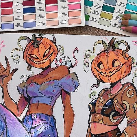 Gretel Lusky on Instagram: "One more pumpkin girlies post before October ends!! 💫🎃 Also, today is day 3 of @lightboxexpo !! It’s been so nice meeting you guys 🥹 I still have prints, some stickers and the very last copies of Fernweh, come say hi booth 613! 🌷 🎨: @ohuhuart alcohol markers + Prismacolor pencils on a Rendr Crescent sketchbook . . . #sketchbook #sketchbookart #mixedmedia #mixedmediaart #halloween #fallseason #autumn #spookyseason #pumpkin #artistsoninstagram #witchaesthetic #witch #alcoholmarkers #ohuhu" Alcohol Marker Illustration, Hi October, Alcohol Markers Art, Expressive Drawing, Marker Illustration, Markers Drawing Ideas, Cartoon Pumpkin, Markers Drawing, Pumpkin Drawing