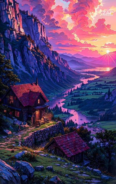 Fantasy Artwork Landscape, Cool Pixel Art, Best Wallpapers, Desktop Wallpaper Art, Fantasy Pictures, Landscape Background, Stitch Ideas, Fantasy Setting, Sunset Wallpaper