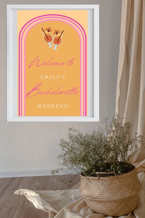 Tequila Sunrise Bachelorette, Themed Bachelorette Party, Orange Color Schemes, Party Welcome Sign, Bachelorette Themes, Golden Birthday, Welcome Sign Template, Tequila Sunrise, Welcome Poster