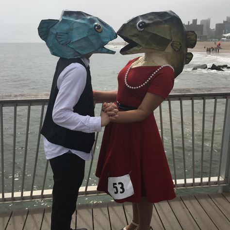 "We used your Fish Head to make masks for the 2017 Mermaid Parade in our hometown of Brooklyn, New York. Our costumes were a HUGE hit and we got a LOT of people asking for pictures as well as some TV and news coverage!!" - Val and Nick Complicated Halloween Costumes, Horseshoe Crab Costume, Halloween Art Costumes, Cardboard Fish Costume, Cardboard Costume Ideas, Really Simple Halloween Costumes, Koi Fish Costume, Obscure Costumes, Head Mask Design