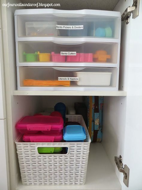 Organised lunch box and bento storage Lunchbox Storage Ideas Home, Lunch Box Organization Ideas, Organizing Lunch Boxes In Pantry, Lunch Box Storage Ideas, Bento Box Storage Ideas, Bento Box Organization, Lunch Box Organization Storage, Lunchbox Organization Kitchen, Lunchbox Storage Ideas