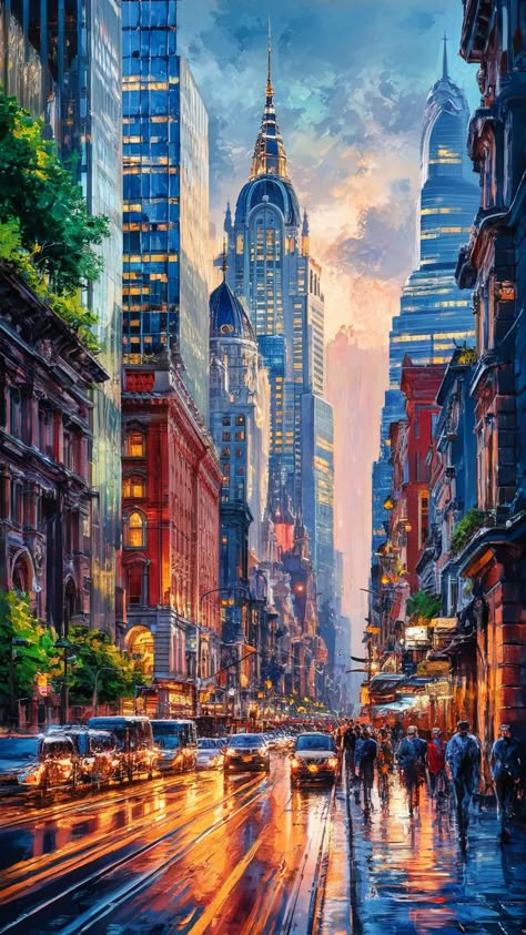 Explore a stunning urban landscape blending Impressionism and Art Deco in this vibrant cityscape art print. Experience the dynamic interplay of architectural styles at dusk, with warm streetlights reflecting off modern skyscrapers and historic buildings. Bold Fauvist colors and movement capture the rhythm of city life, while lush greenery harmonizes nature with modernity. Perfect for art lovers and urban enthusiasts. Modern City Art, Creativity Tattoo, City Street Photography, Tattoo Designs Drawings, City Streets Photography, Wallpaper Graphic, Modern Skyscrapers, Painting City, Art Painting Ideas