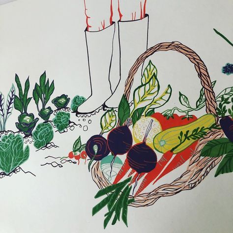 Vegetable Patch Illustration, Veggie Garden Illustration, Vegetable Garden Painting, Vegetable Mural, Vegetable Garden Illustration, Veggie Garden Design, Easter Window, Vegetable Painting, Vegetable Stand