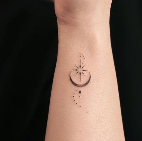 Simple Symbolic Tattoos, Moon And Stars Tattoo Wrist, North Star And Moon Tattoo, June Tattoo, Moon Star Tattoo, Butterfly With Flowers Tattoo, Worst Tattoos, Magic Runes, French Tattoo