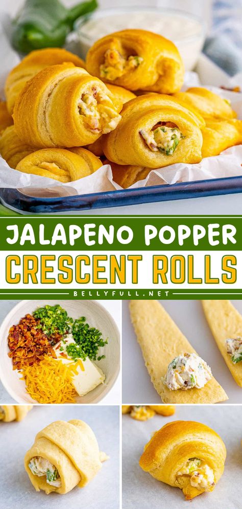 This crescent roll recipe is a perfect game day appetizer! Made with jalapeno peppers, cream cheese, cheddar, and bacon, these Jalapeno Popper Crescent Rolls are amazing. Variations on this football food idea included! Jalapeno Cream Cheese Crescent Rolls, Crescent Jalapeno Poppers, Jalapeno Crescent Rolls, Jalapeno Popper Crescent Rolls, Tailgating Recipes Make Ahead, Crescent Roll Jalapeno Poppers, Game Day Finger Foods Appetizers, Appetizers With Jalapenos, Jalapeño Popper Crescent Rolls