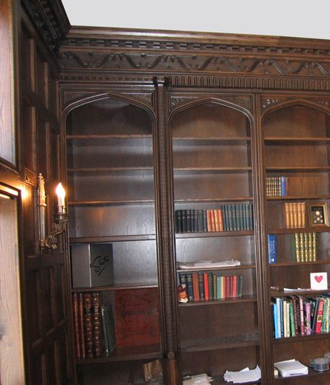 Tudor Style Home Library Bookcases by Masterpiece Furniture Creations English Tudor Homes Interior, Arched Bookcases, Tudor Furniture, Jacobean Architecture, Tudor Decor, English Tudor Homes, Gothic Revival Architecture, Storybook Homes, Library Bookcase