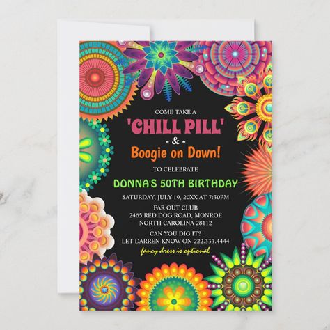 Flower Power 70's Colorful Birthday Party Invitation Colorful Birthday Party Invitations, 70s Themed Birthday Party, Flower Power 70s, 70s Birthday, Flower Power Party, 70s Party Theme, 70s Theme Party, Disco Birthday, 50 Party