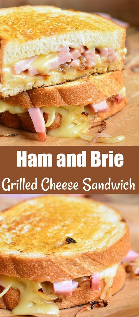 Ham and Brie Grilled Cheese Sandwich. Fantastic grilled cheese sandwich made with ham, brie cheese, sauteed onions, and some maple mustard glaze. #leftoverham #grilledcheese Brie Grilled Cheese Sandwich, Ham Sandwich Recipes, Brie Grilled Cheese, Brie Cheese Recipes, Brie Sandwich, Onion Grilled Cheese, Sauteed Onions, Ham Sandwich, Best Burger Recipe