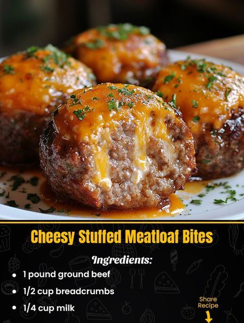 Daily Tasty recipes | Cheesy Stuffed Meatloaf Bites | Facebook Cheesy Stuffed Meatloaf Bites, Meatloaf Bites, Baked Hamburgers, Supper Meals, Stuffed Meatloaf, Hamburger Dishes, Gardening Vegetables, Cook Recipes, Homemade Cake