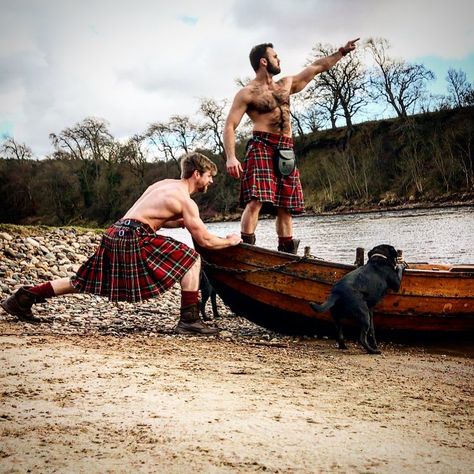 When you pose for a photo and the dog tries to help push the boat with you. #funnydogs #posingtwats #kilts #manpose #muscle #onwards #tallyho Scottish Man, Great Scot, Highland Games, Scottish Kilts, Men In Kilts, Male Poses, Silver Fox, Kilt, Bearded Men