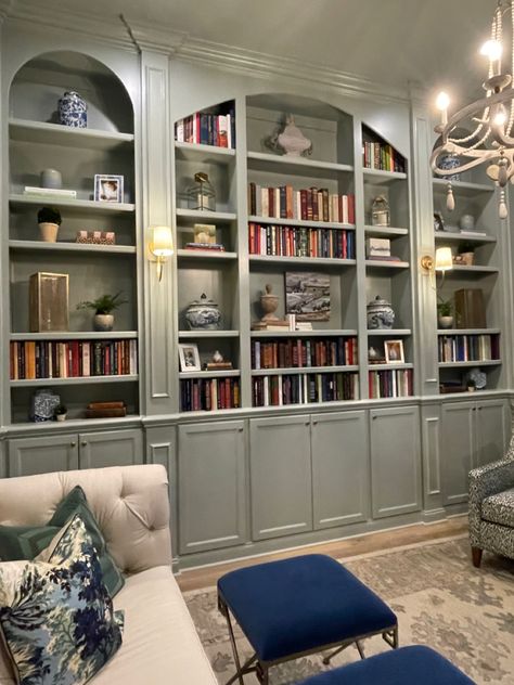 Mirrored Bookcase Built Ins, Large Built In Bookshelves, Bookcase Moulding, Custom Bookshelf Built Ins, Wallpaper In Library, Elegant Bookshelves, Floor To Ceiling Bookshelves Living Room, Built In Arch Bookcase, Arched Built In Shelves