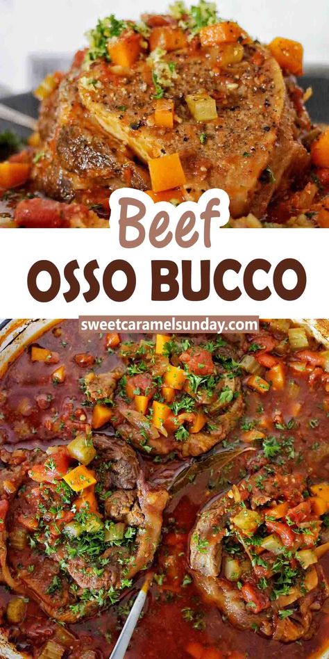 Beef Osso Bucco in black pan with silver spoon. Text is written between 2 mages. Beef Bone Recipes Dinners, Italian Meat Dishes Beef, Meaty Beef Soup Bone Recipes, Recipes Using Beef Soup Bones, Easy Osso Bucco Recipe, Recipes For Beef Soup Bones, Uso Buco Recipe, Beef Osso Bucco Recipe Oven, Ossa Bucco