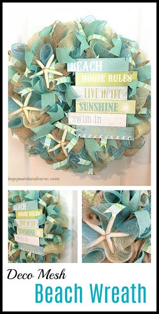 Vintage Paint and more... a beach inspired deco mesh wreath made with mesh the colors of the sea and sand and a cute beach sign.  #decomeshwreath #decomesh #wreath #beachdecor # crafts #diy # beachwreath #summerwreath Nautical Wreath Ideas, Diy Deco Mesh Wreath, Summer Deco Mesh Wreaths, Coastal Deco, Summer Mesh Wreaths, Coastal Wreath, Deco Mesh Wreaths Diy, Nautical Wreath, Summer Deco