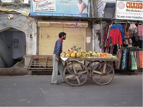 Fruit cart in Pushkar, India, by runran, via Flickr Pushing Shopping Cart Reference, Indian Food Cart, Mango Garden, Vegetable Cart, Indian Street Food Cart Wedding, Bullock Cart Indian, Fruit Cart, Indian Fruit Market, Fruit Stall