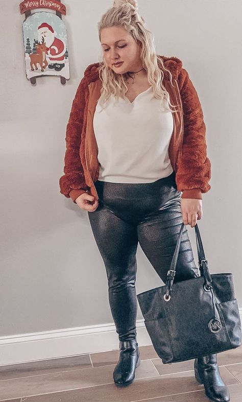 Click the pic to shop my look! style inspo, fashion inspo, fashion goals, style goals, ootd goals, ootd inspo, winter look, fall outfit, faux fur coat, burnt orange fur coat, rust colored fur jacket, zip up jacket, white top, vneck top, black leggings, leather leggings, edgy fashion inspo, edgy style, black leather booties, black ankle boots, black tote bag, black purse, michael kors Winter Leather Leggings, Orange Fur Coat, Leather Leggings Outfit, Ootd Inspo, Winter Looks, Faux Fur Coat, Leather Leggings, Leather Booties, Edgy Fashion