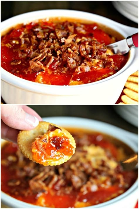 Hot Pepper Jelly Cheese Dip with Bacon Red Pepper Jelly Cheese Dip, Red Pepper Jelly Cheese Ball, Recipes Using Red Pepper Jelly, Recipes Using Hot Pepper Jelly, Pepper Jam Appetizers, Hot Pepper Jelly Appetizers, Pepper Jelly Cheese Dip Recipe, Red Pepper Jelly Recipe Appetizers, Hot Pepper Jelly Recipe Appetizers