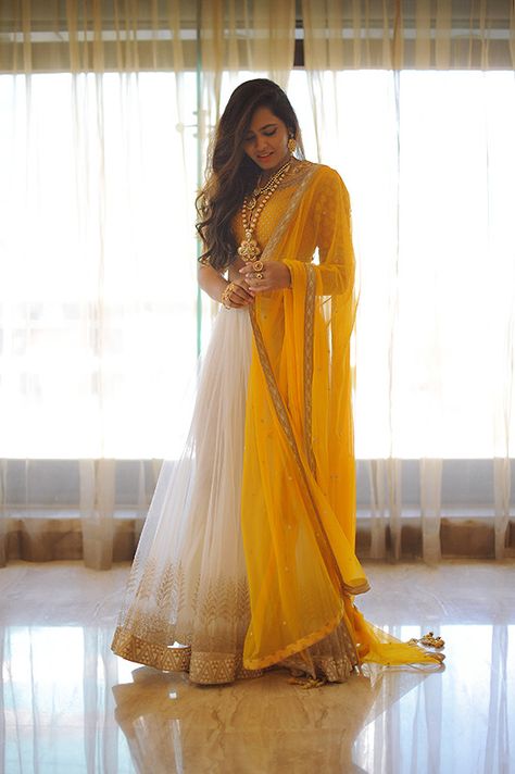 Summer weddings are here and that means, lots and lots of inspiration zooming into our Insta and Snapchat timelines waiting to be filtered, copied and styled. And it's even better when that inspiration comes from one of our favourite bloggers,... White Lehenga, Yellow Lehenga, Indian Wedding Outfit, Red Lehenga, Ghagra Choli, Indian Couture, White Outfit, Indian Wedding Outfits, Lehenga Designs