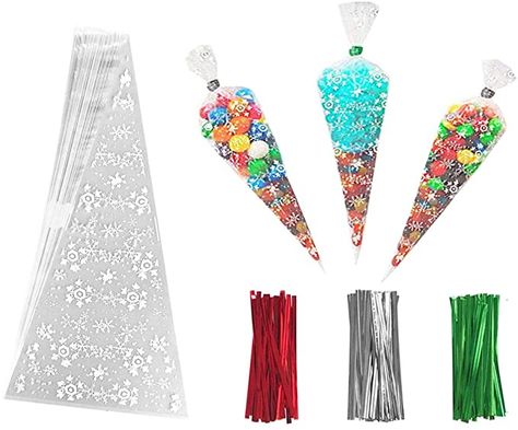 Amazon.com: 200 PCS Snowflake Clear Cone Treat Bags Cellophane Cone Treat Bags Plastic Cone Bags Triangle Bags with 210 PCS Twist Ties 3 Mix Colors for Favor Candy Popcorn : Health & Household Candy Popcorn, Triangle Bag, Treat Bags, High Tea, Plastic Bag, Popcorn, Color Mixing, Twist, Candy