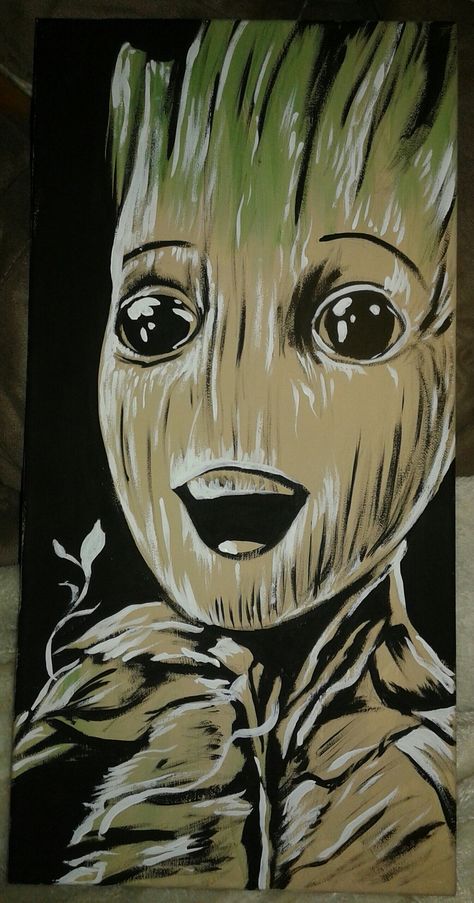 For Sale $ 50 - Baby Groot  #acrylic #graphic #fanart #fandom #guardiansofthegalaxyvol2 #guardiansofthegalaxy #groot #marvel #comics Marvel Acrylic Painting, Groot Painting, Groot Marvel Comics, Groot Marvel, Guardians Of The Galaxy Vol 2, Coffee Painting, Diy Artwork, Chalk Drawings, Baby Groot