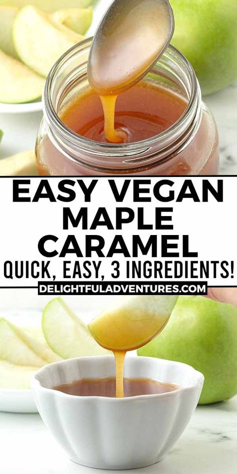 Two images of caramel sauce, text says easy vegan maple caramel, quick, easy, 3 ingredients. Dairy Free Caramel Sauce, Vegan Sweet Treats, Dairy Free Caramel, Vegan Caramel Sauce, Gf Food, Caramel Recipes Sauce, Vegan Caramel, Vegan Bakery, Dessert Aux Fruits