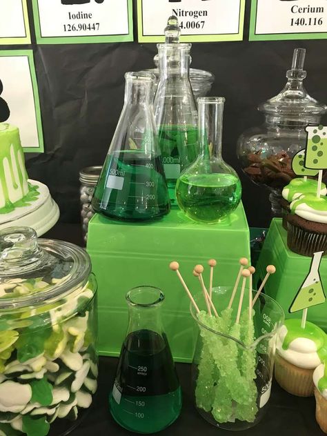 Mad Science Lab Birthday Party Ideas | Photo 6 of 22 | Catch My Party Laboratory Party Ideas, Green Aesthetic Science, Science Lab Birthday Party, Mad Science Halloween Party, Biology Grad Party, Alien Halloween Party Ideas, Rick And Morty Party Decorations, Alien Party Theme, Radioactive Party