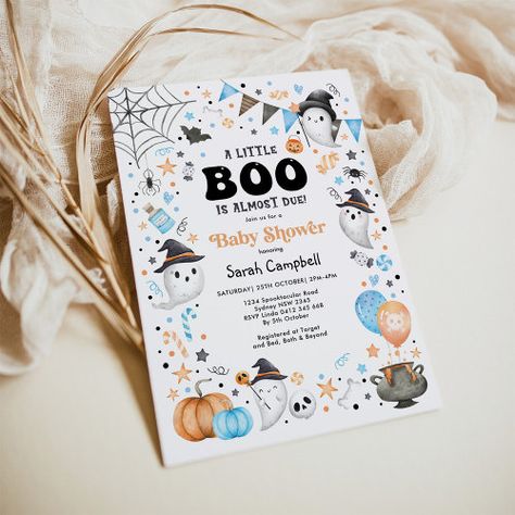 $3.08 | Modern Halloween Ghost Boy Baby Shower | Halloween Invitations | fall pumpkin, little boo is almost due, baby is brewing, spooktacular, spooky spiders bats skulls, boy baby shower, cute ghost, halloween, pastel blue white orange black, modern magician witch wizard Little Boo Is Almost Due, Ghost Theme, Halloween Baby Shower Theme, Modern Halloween, Ghost Boy, Halloween Baby, Theme Halloween, Baby Shower Invites, Boy Baby Shower