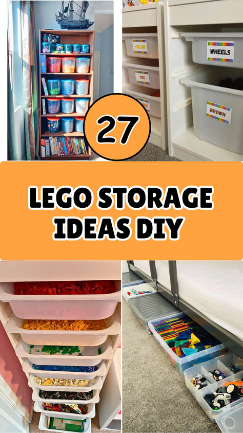 A collection of Lego Storage Ideas DIY. Lego Storage Wall Ideas, Diy Lego Organizer, Lego Dresser Diy, Ways To Store Legos, Lego Display And Storage, Storing Lego Sets, Lego Hobby Room, Cheap Lego Storage Ideas, Lego Storage By Color